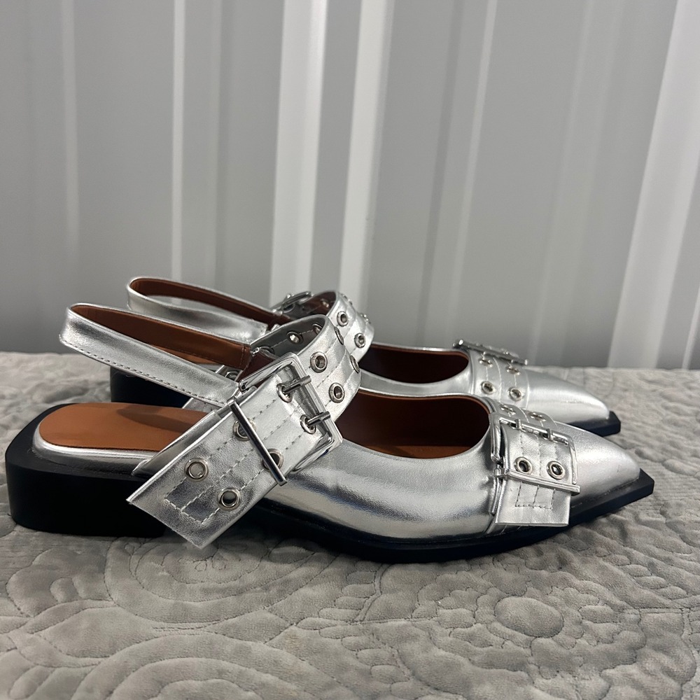 21 Silver Metallic Ballerina Flats Buckle Pointed Toe Slingback Block Heel Sz 41